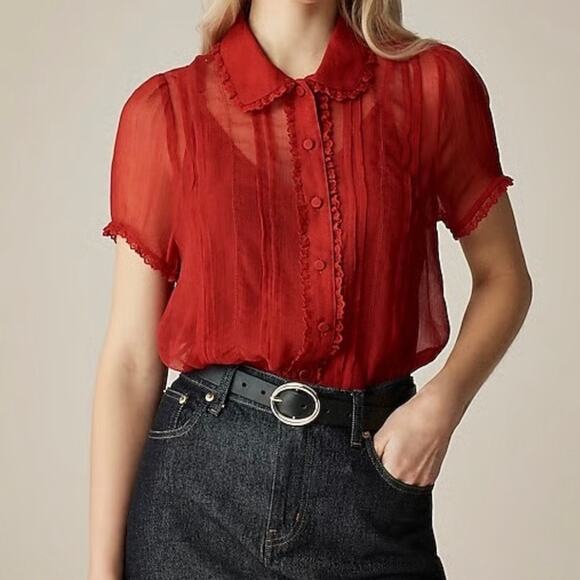 J Crew Women's Sheer Lace Trim Button Up Shirt Size 0 Red Short Sleeve - Picture 1 of 16